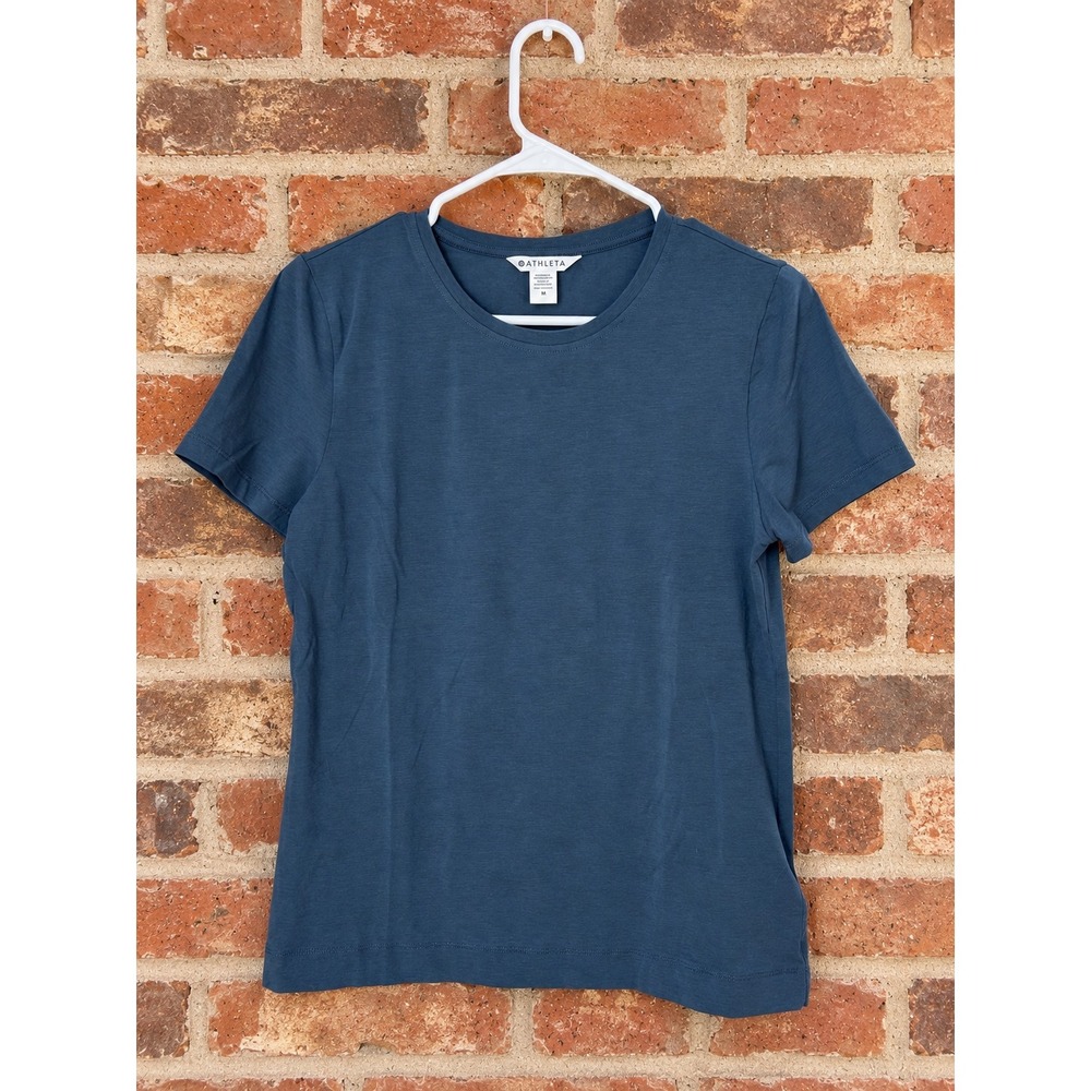 Athleta M Blue Short Sleeve Crew Neck Stretch T-Shirt Minimalist Layering Basic
